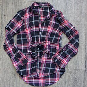 34🌸Cinched/corset -Waist Flannel Button-Down — Pink, Orange & Black 🔥